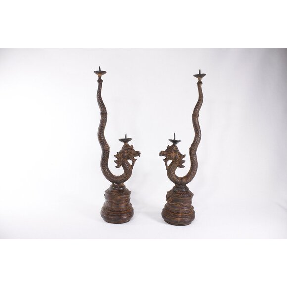 Vintage metal dragon candlesticks, Naga old Siam Thai dragon serpent altar decor - Picture 6 of 9